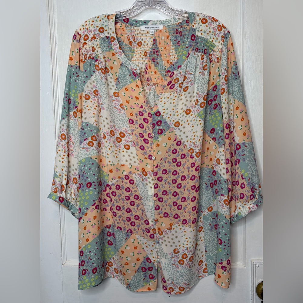 Rose + Olive Patchwork Floral Print Top Faux Button Front Multicolor Size 1X